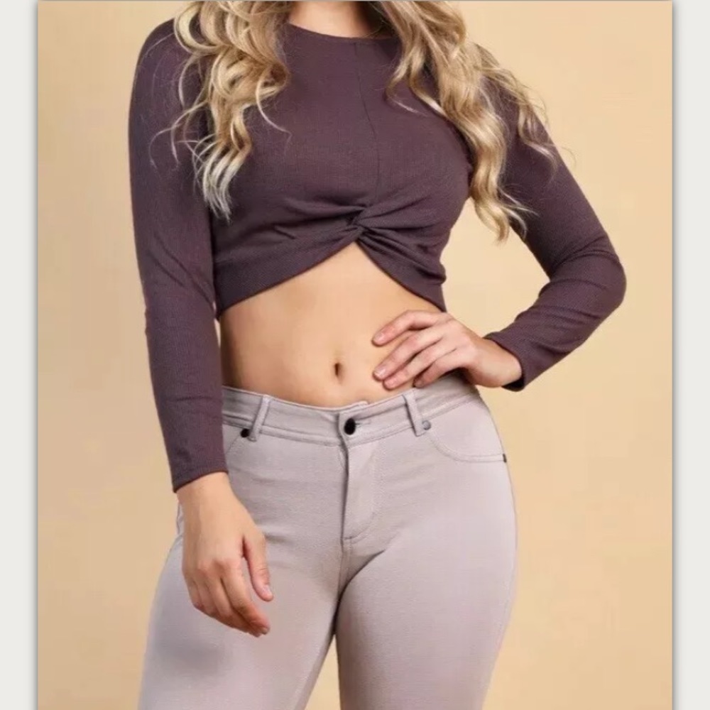 Crop Top Twist Front Long Sleeve Ribbed Plum - Picture 3 of 10